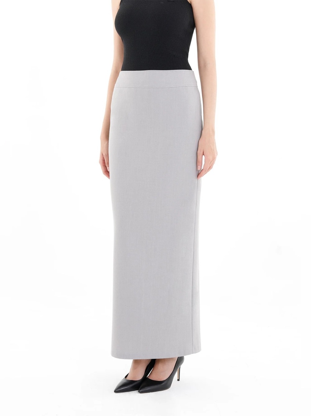 Vintage Sleek Light Gray Maxi Pencil Column Skirt Back Slit - Picture 2 of 11